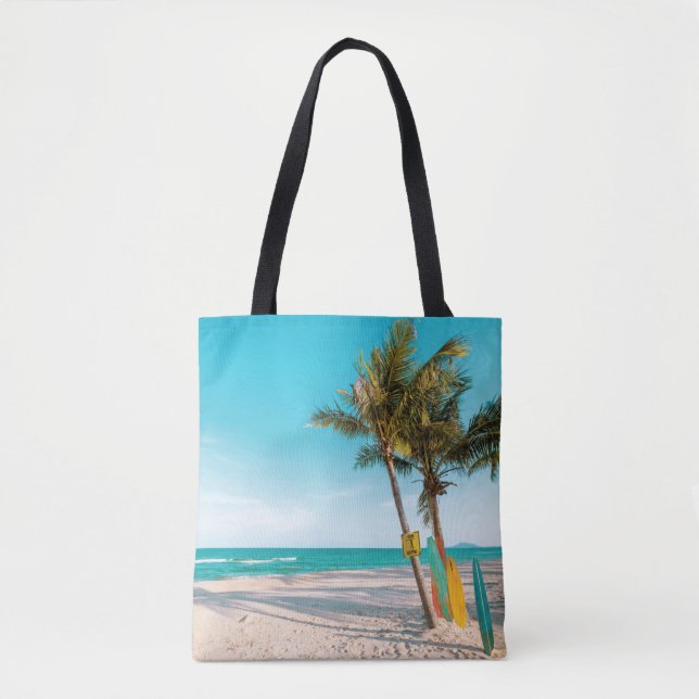 Surf boards on beach throw pillow tote bag (Front)