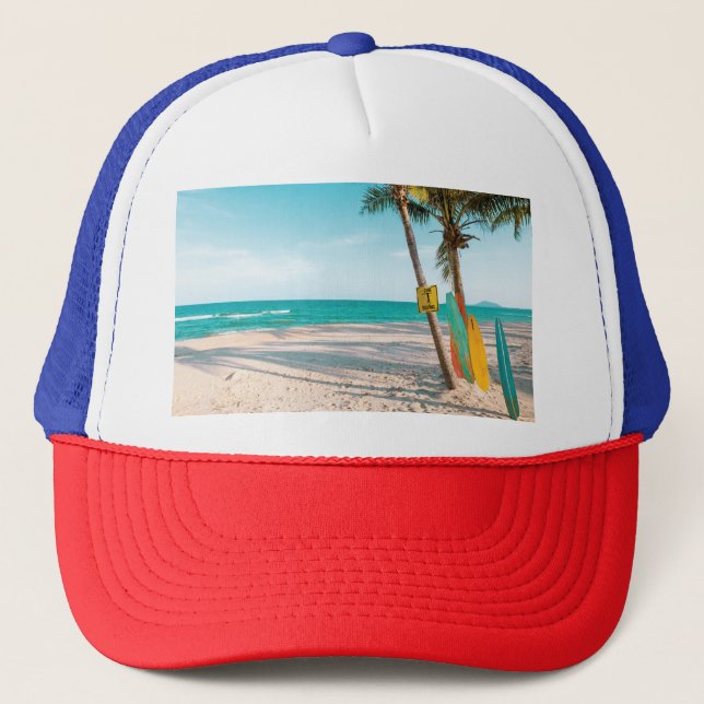 Surf boards on beach throw pillow trucker hat (Front)