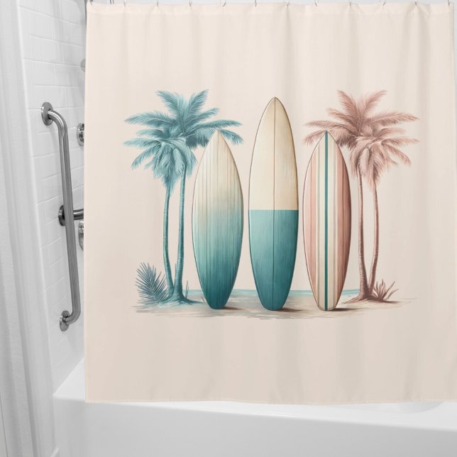 Surf boards palm trees retro green yellow shower curtain (Creator Uploaded)