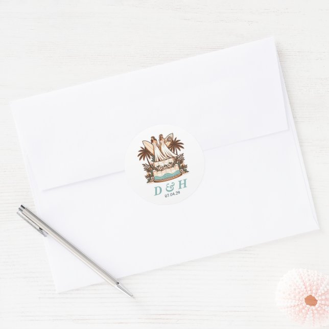 Surf Brides Wedding Classic Round Sticker (Envelope)