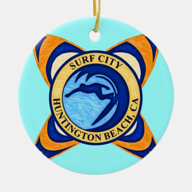 Surf City, Huntington Beach, CA Ceramic Tree Decoration (Front)