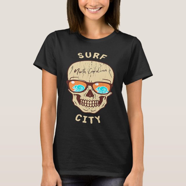 Surf City NC Summertime Vacationing Skull Sunglass T-Shirt (Front)