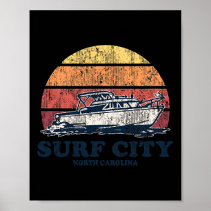 Surf City Nc Vintage Boating 70s Retro Boat Design Poster