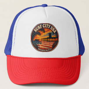 SURF CITY USA Sunset & Flag Trucker Hat