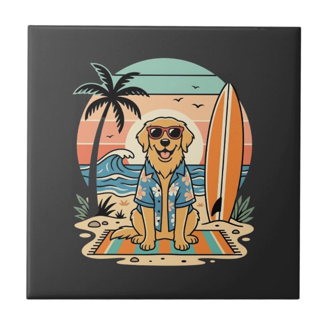 Surf Dog Retro Beach Summer Ceramic Tile (Front)