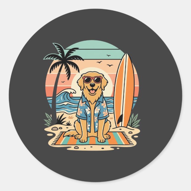 Surf Dog Retro Beach Summer Classic Round Sticker (Front)