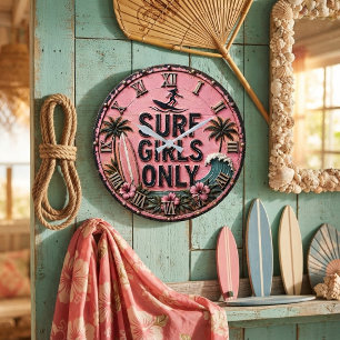 Surf Girls Only Beach Pink Coastal Surf House Deco Large Clock