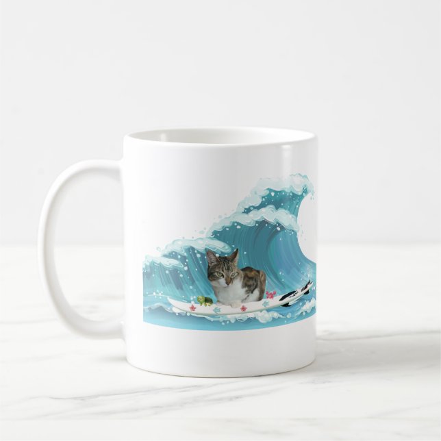 Surf Kitty Grey Tabby Rides the Wave  Coffee Mug (Left)