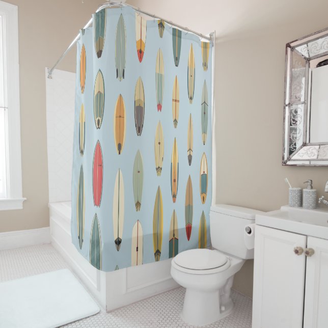 Surf Life - Retro Coastal Blue Surfboard Print Shower Curtain (In Situ)