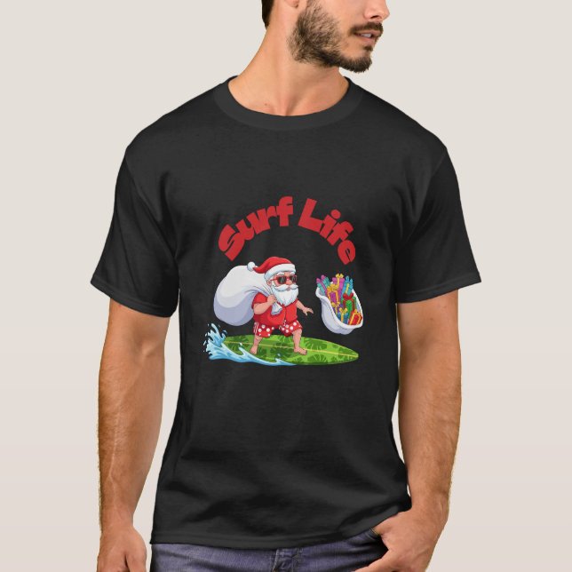 Surf Life Santa Surfing Christmas Art T-Shirt (Front)