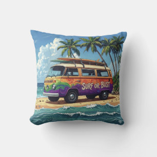 Surf Or Bust Groovy Retro Hippie Surfer Beach Bus Cushion
