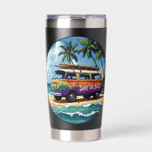 Surf Or Bust Groovy Retro Hippie Surfer Beach Bus Insulated Tumbler