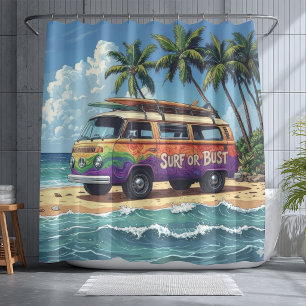 Surf Or Bust Groovy Retro Hippie Surfer Beach Bus Shower Curtain
