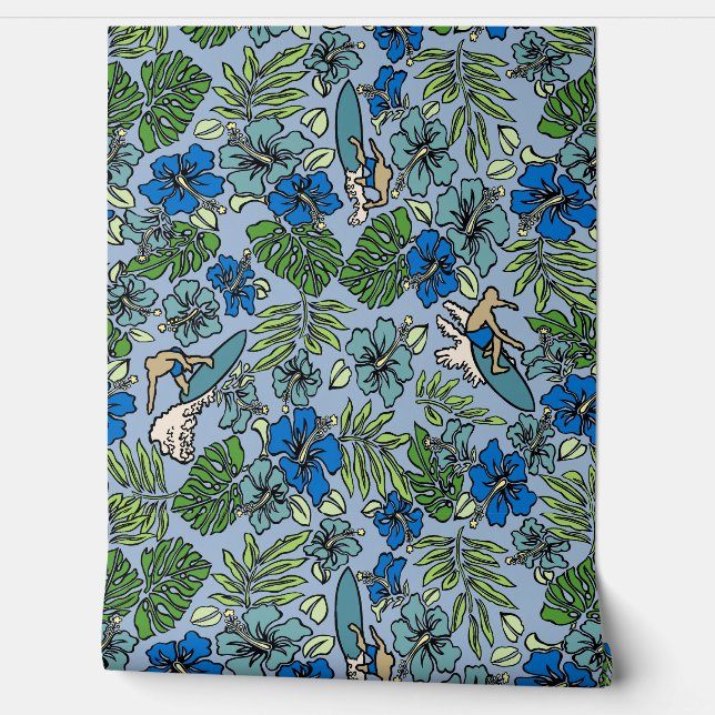 Surf Pareau Hawaiian Hibiscus Surfing Blue Multi Wallpaper (Unrolling)