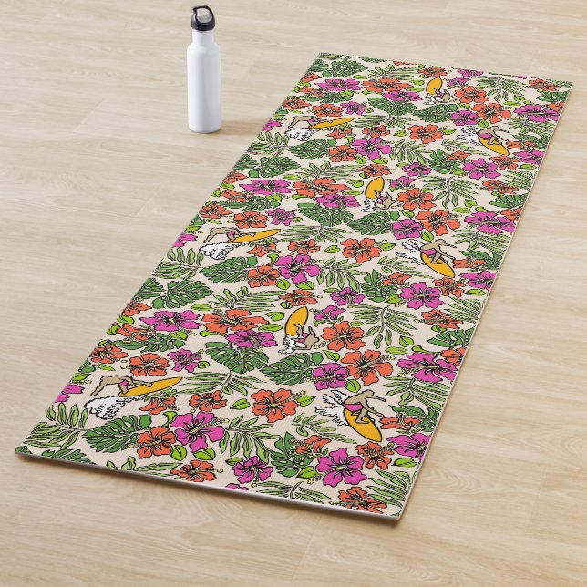 Surf Pareau Hawaiian Hibiscus Surfing - Fuchsia  Yoga Mat (In Situ)