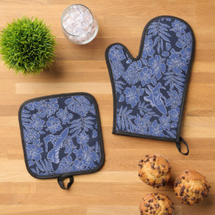 Surf Pareau Hawaiian Hibiscus Surfing Navy Oven Mitt & Pot Holder Set