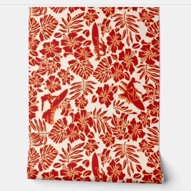 Surf Pareau Hawaiian Hibiscus Surfing Red Wallpaper (Unrolling)