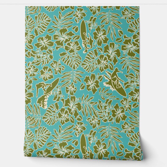 Surf Pareau Hawaiian Hibiscus Surfing Turq Wallpaper (Unrolling)