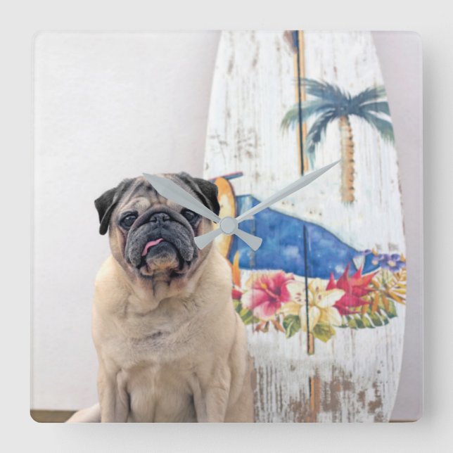Surf Pug Square Wall Clock (Front)