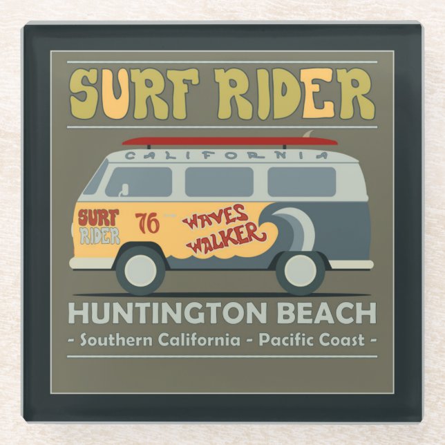 Surf Rider Huntington Beach Poster Glass Coaster (Front)