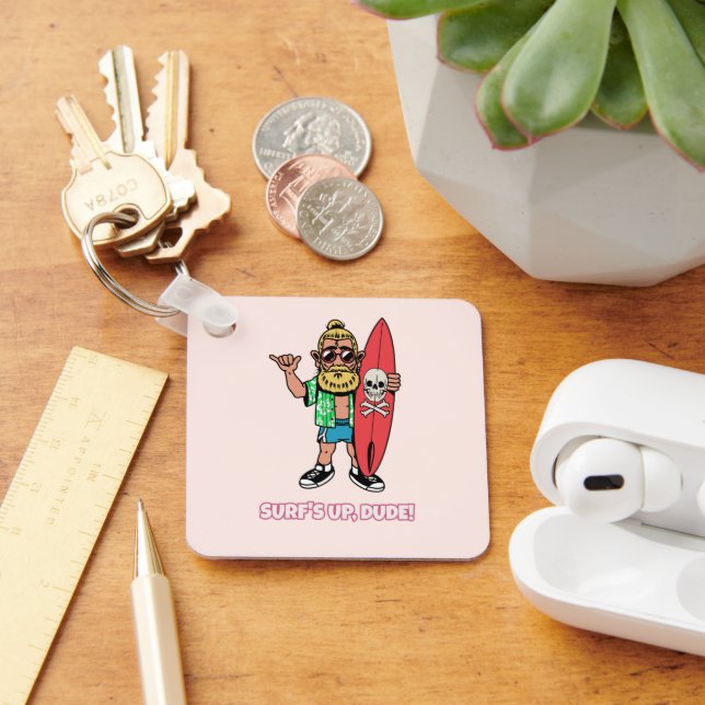 Surf’s Up Dude Bearded Cartoon Surfer Key Ring (Desk)