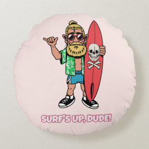 Surf’s Up Dude Bearded Cartoon Surfer Round Cushion