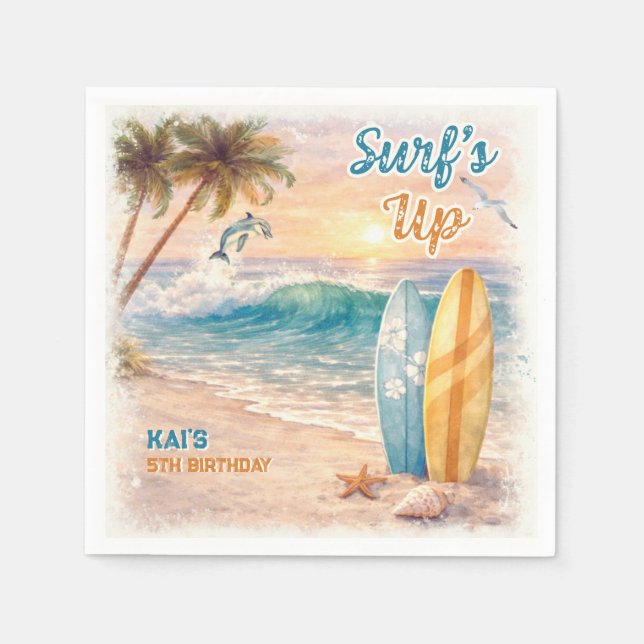 Surf’s Up Retro Beach Birthday Party  Napkin (Front)