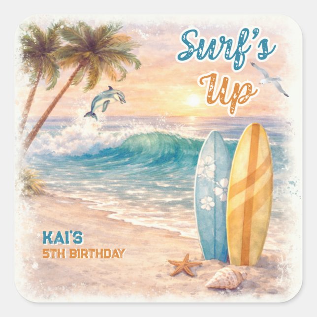 Surf’s Up Retro Beach Birthday Party  Square Sticker (Front)