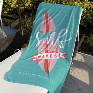 Surf Sand & Waves Retro Pink & Teal Surfboard Beach Towel