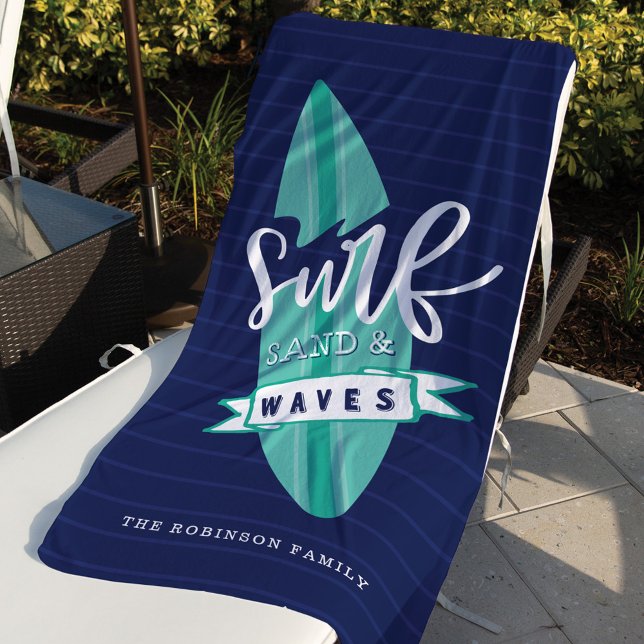 Surf Sand & Waves Retro Teal & Navy Surfboard Beach Towel (Creator Uploaded)