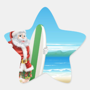 Surf Santa on the beach Star Sticker