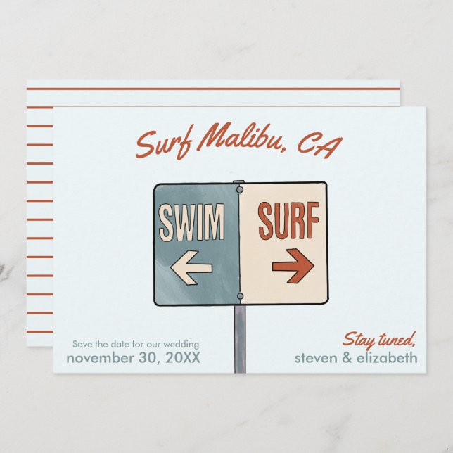 Surf Save The Date, Malibu, California  Invitation (Front/Back)