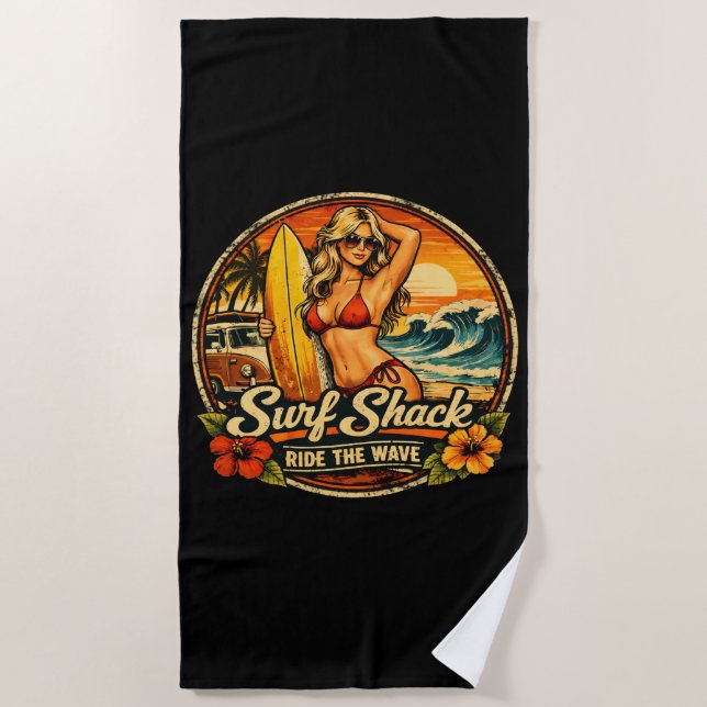 Surf Shack Surfer Pin-Up | Ride The Waves Surfing Beach Towel (Front)