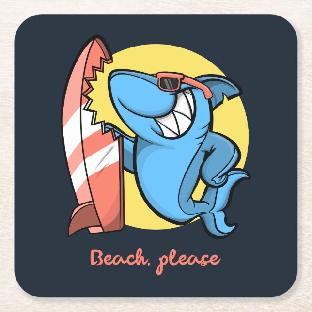 Surf Shark Beach Please Square Paper Coaster (Front)
