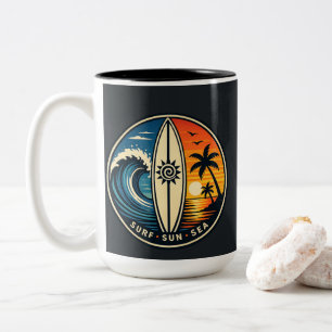 Surf Sun Sea Vintage Badge – Surfboard Sunset Wave Two-Tone Coffee Mug