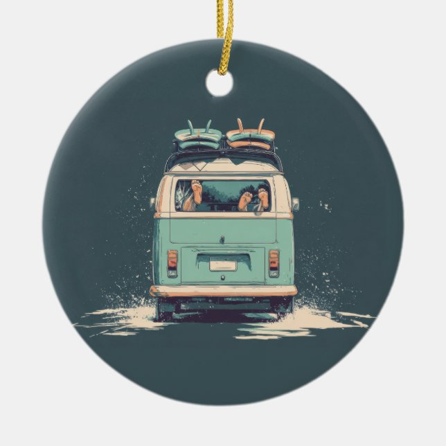 Surf Van Splash – Retro Beach Camper Ceramic Ornament (Front)