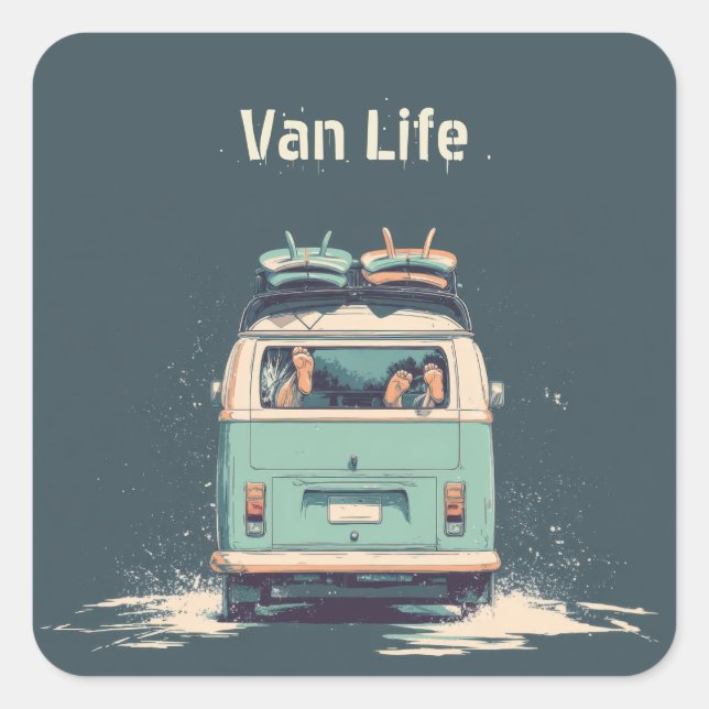 Surf Van Splash – Retro Beach Camper Square Sticker (Front)