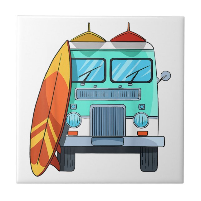 Surf Van Surfboard Palm Trees Surfing Surfer Waves Ceramic Tile (Front)
