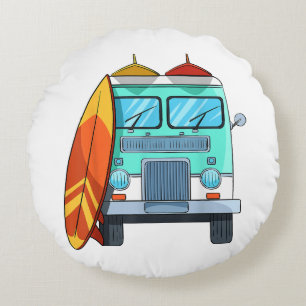 Surf Van Surfboard Palm Trees Surfing Surfer Waves Round Cushion