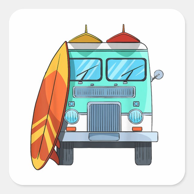 Surf Van Surfboard Palm Trees Surfing Surfer Waves Square Sticker (Front)