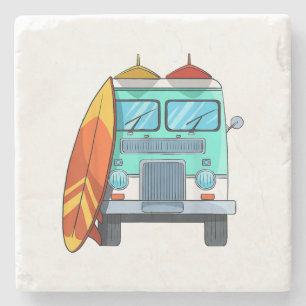 Surf Van Surfboard Palm Trees Surfing Surfer Waves Stone Coaster