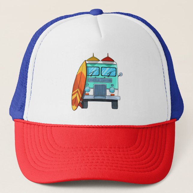 Surf Van Surfboard Palm Trees Surfing Surfer Waves Trucker Hat (Front)