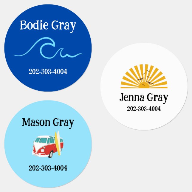 Surf Waterproof Circle Sticker Name Labels (Group)