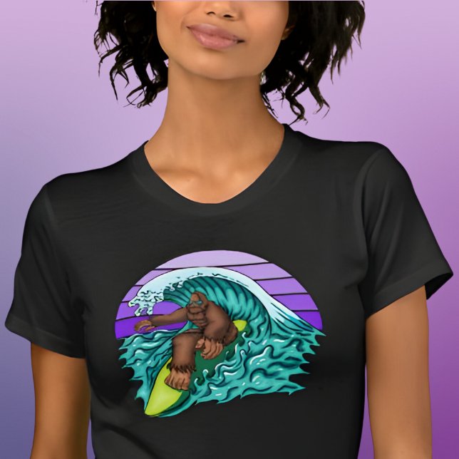 Surf Womens Funny Bigfoot Surfing Purple Retro T-Shirt (Creator Uploaded)