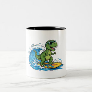 surfasaurus a surfing dinosaur Two-Tone coffee mug