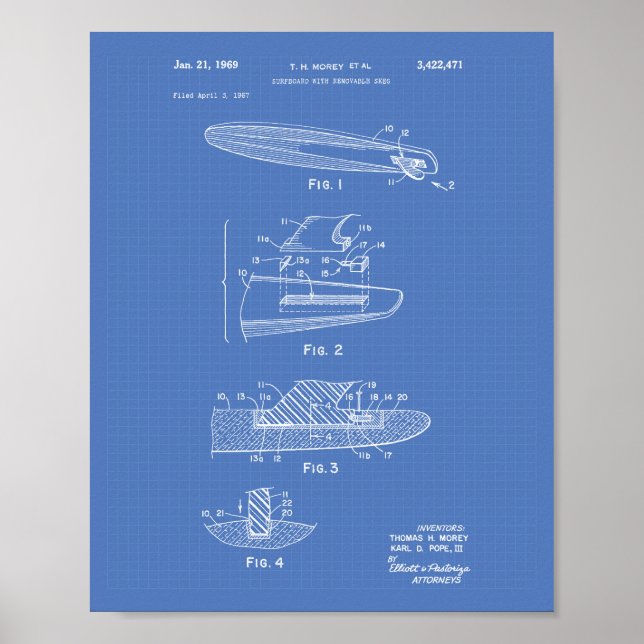 Surfboard 1969 Patent Art Blueprint Poster (Front)