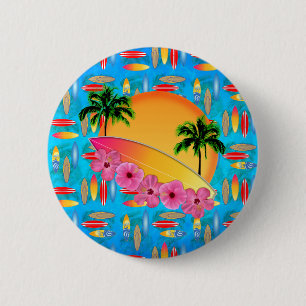 Surfboard and Hibiscus Flowers 6 Cm Round Badge
