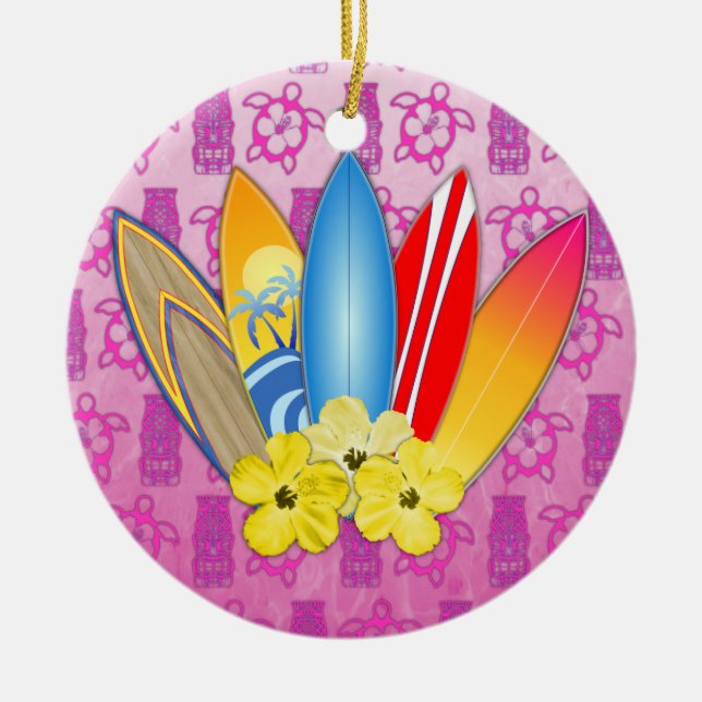 Surfboard and Hibiscus Flowers Ceramic Tree Decoration (Front)