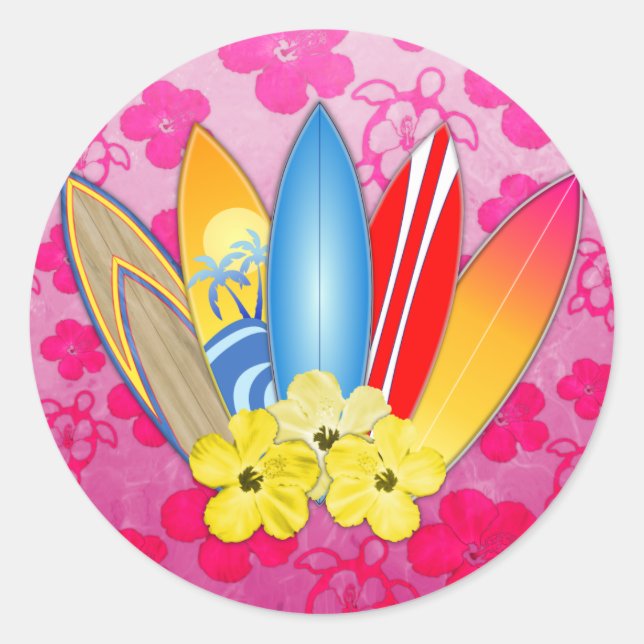 Surfboard and Hibiscus Flowers Classic Round Sticker (Front)
