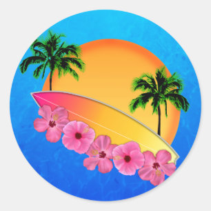 Surfboard and Hibiscus Flowers Classic Round Sticker